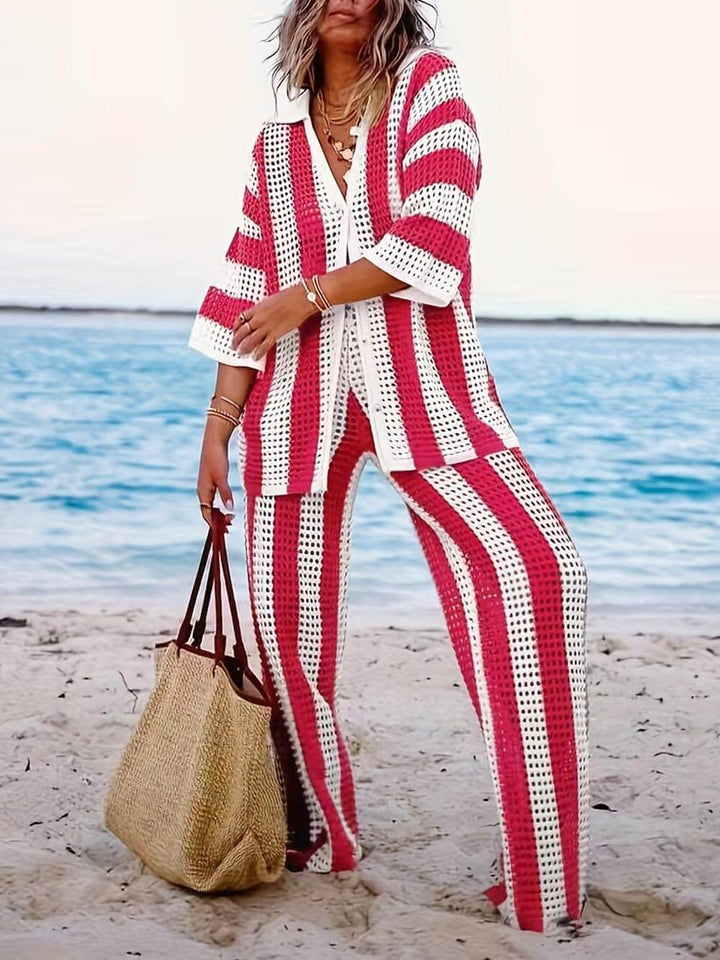 Alicia - Trendy Two Piece Striped Shirt and Pant Set