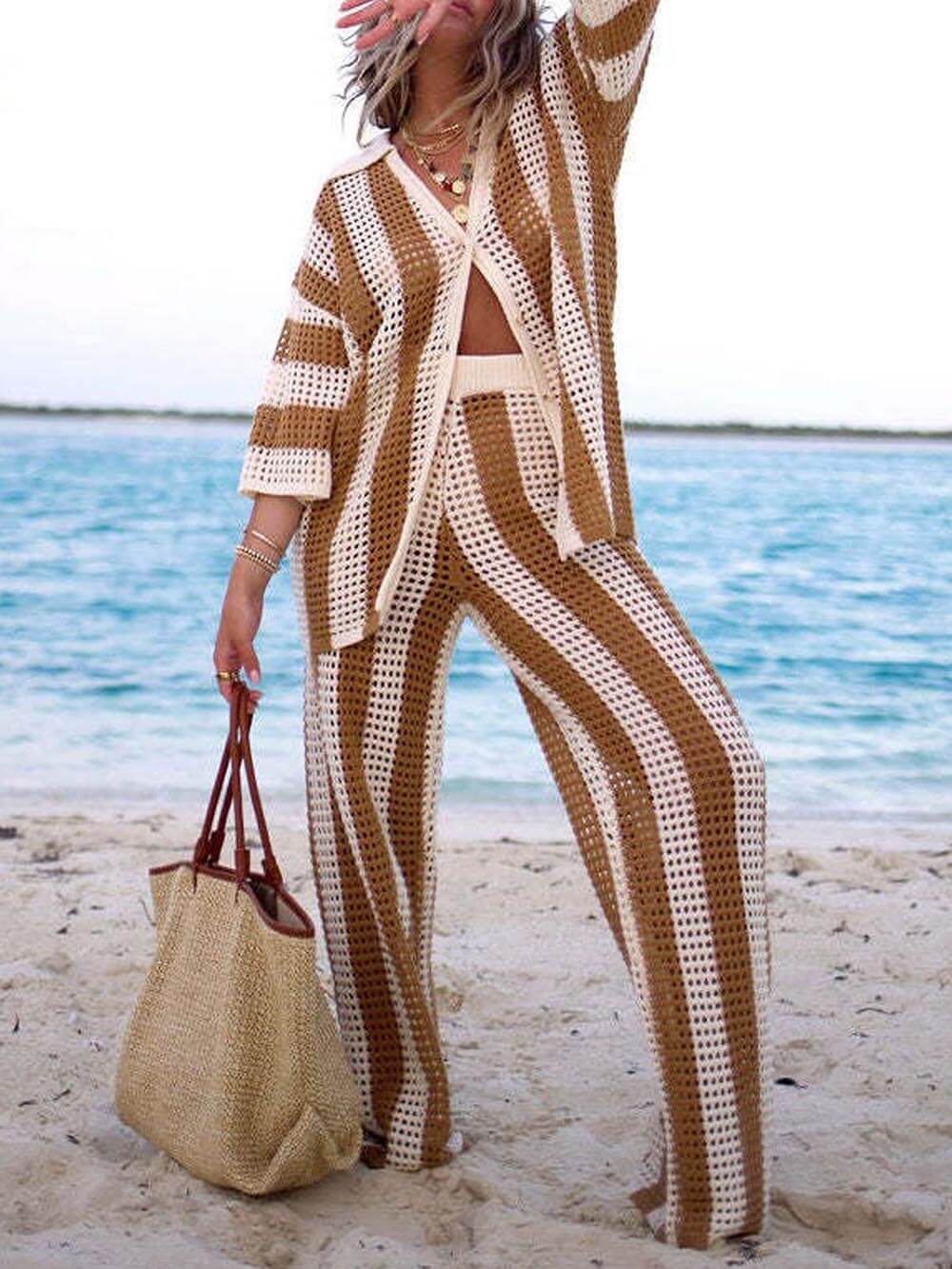 Alicia - Trendy Two Piece Striped Shirt and Pant Set