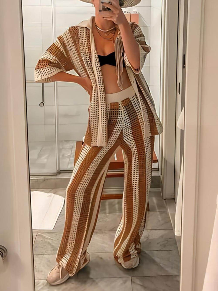 Alicia - Trendy Two Piece Striped Shirt and Pant Set